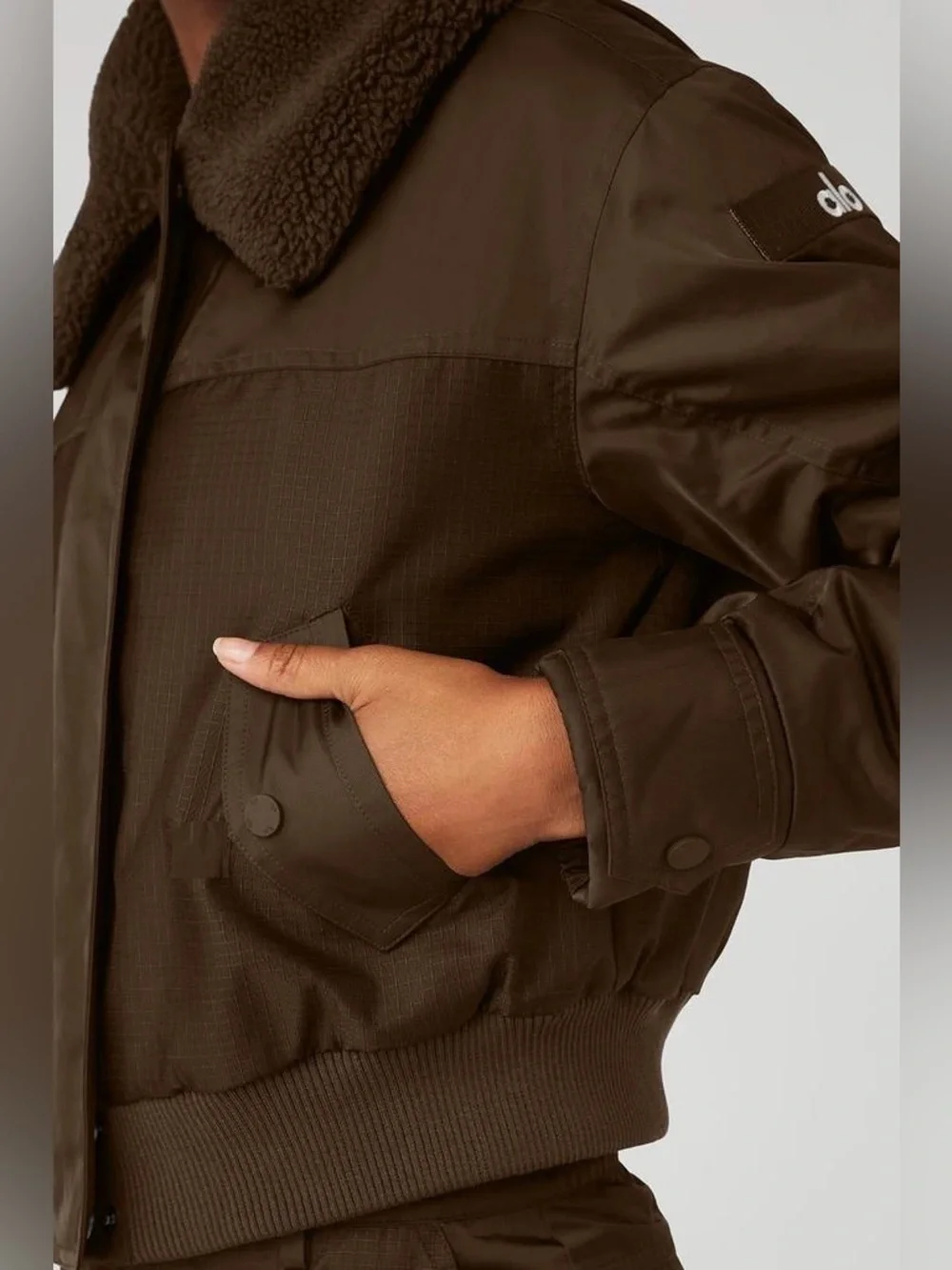 Price Firm Alo Espresso Brown Blaze Bomber Jacket with Sherpa Faux Fur Collar